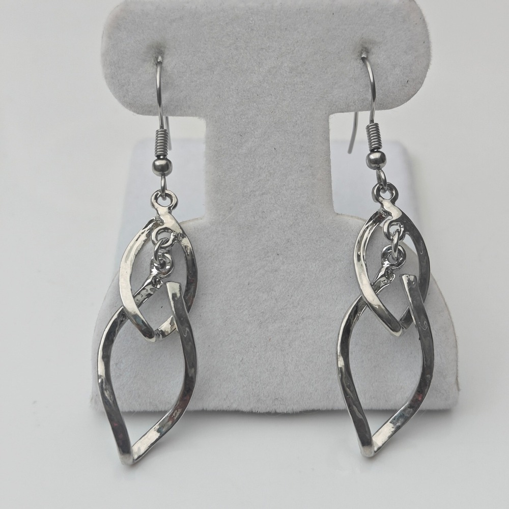 Silver Tone Double Marquise Drop Metallic Earrings Geometric French Wire Dangle